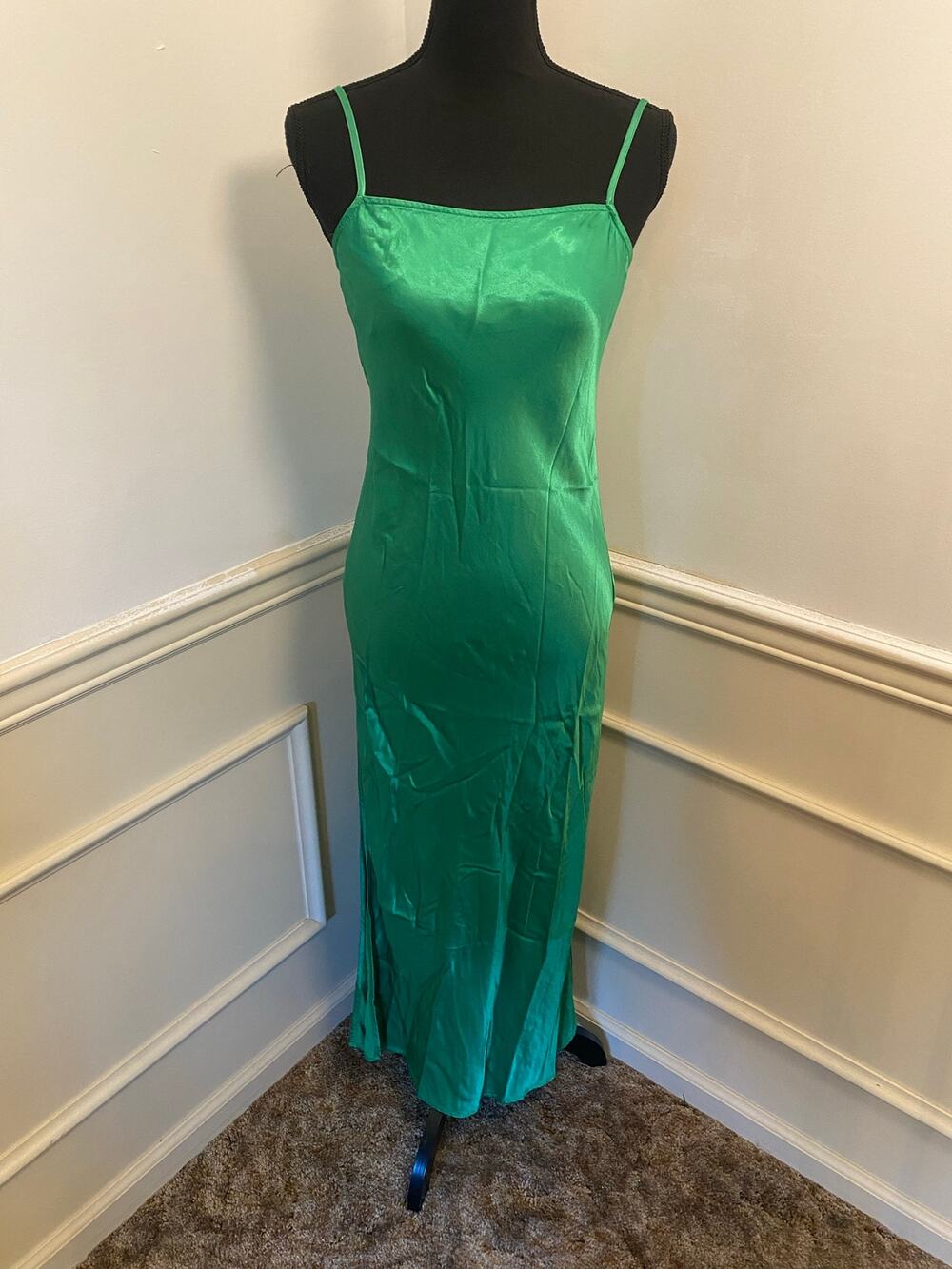 Pistola Mari Midi Maxi Slip Dress Fern Green Square Neck Satin Feel Slit Formal